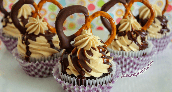 Chocolate Peanut Butter Pretzel Cupcakes by JavaCupcake.com