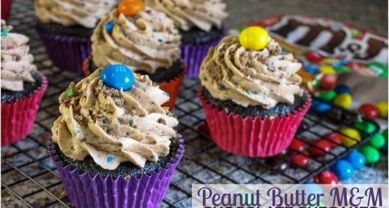 Peanut Butter M&M Chocolate Cupcakes by JavaCupcake.com