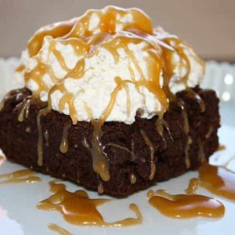Dark Chocolate Brownies with Peanut Butter Sauce