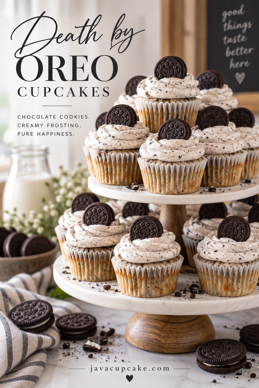 oreo cupcakes on a stand