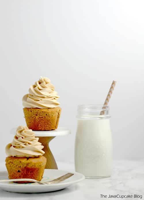 Peanut Butter Cupcakes with Peanut Butter Buttercream Frosting and a glass of milk