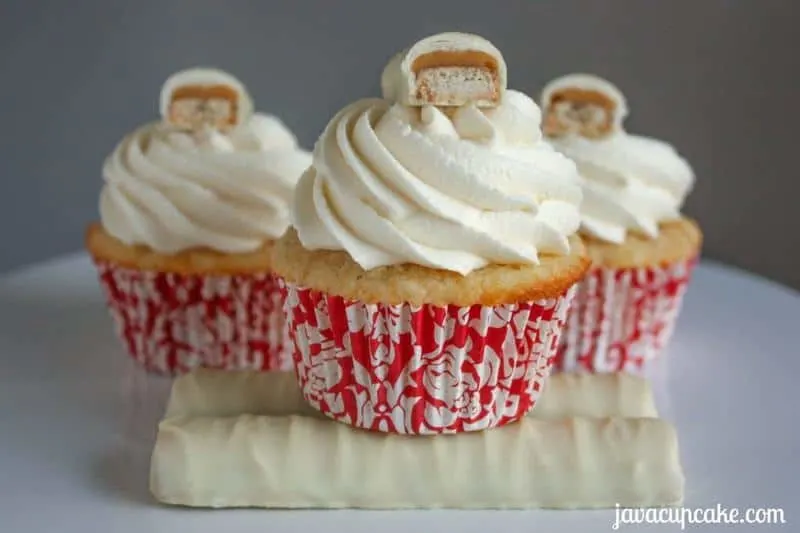 White Chocolate Twix Cupcakes by JavaCupcake.com
