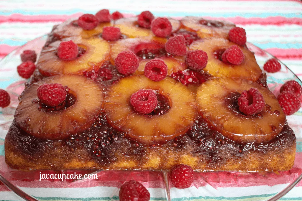 Spiced Pineapple Raspberry Upside Down Cake by JavaCupcake.com