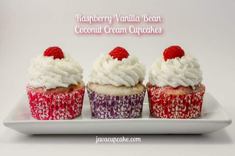 Raspberry Vanilla Bean Coconut Cream Cupcakes by JavaCupcake.com