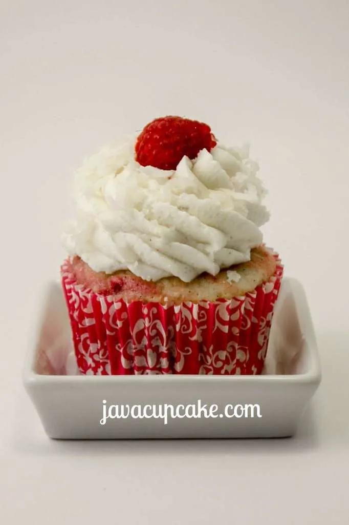 Raspberry Vanilla Bean Coconut Cream Cupcakes by JavaCupcake.com