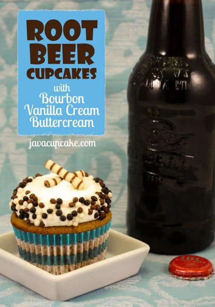 Root Beer Cupcakes topped with Bourbon Vanilla Cream Buttercream by JavaCupcake.com