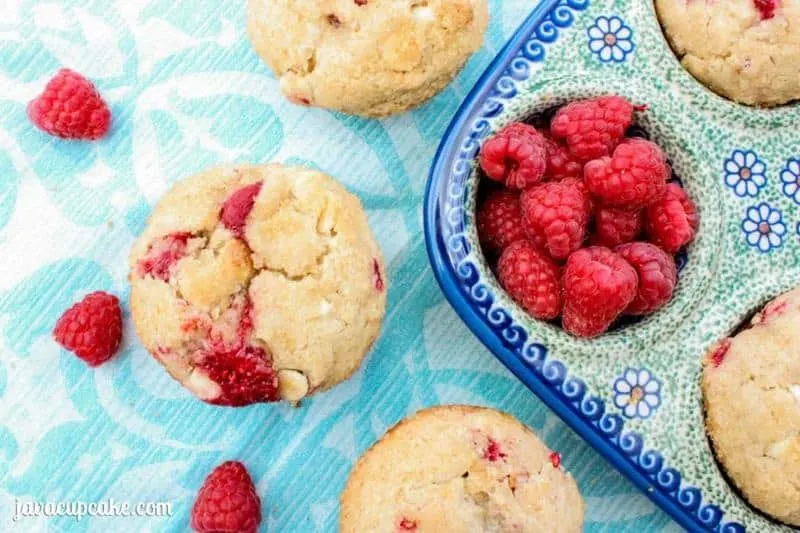Fresh Raspberry White Chocolate Muffins by JavaCupcake.com