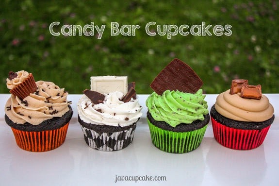 Candy Bar Cupcakes - 4 Ways! by JavaCupcake.com