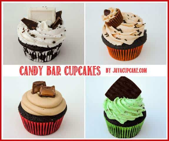 Candy Bar Cupcakes - 4 Ways! by JavaCupcake.com