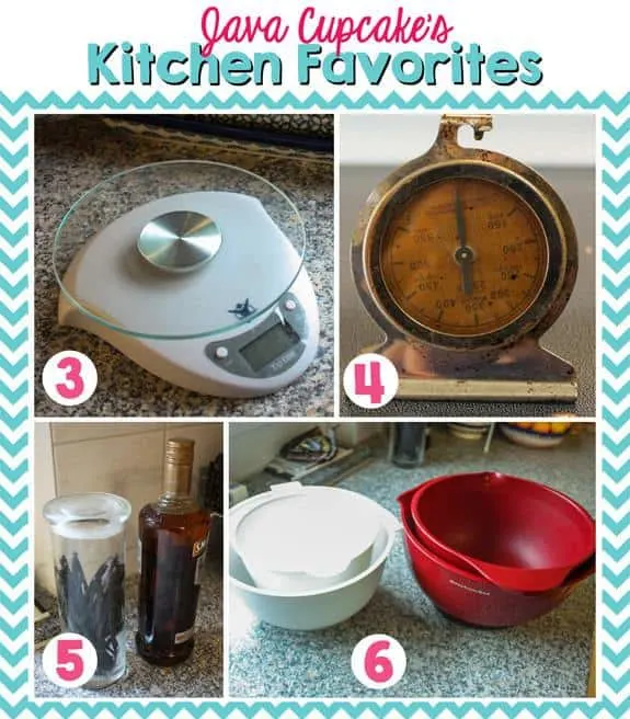 Java Cupcake's Kitchen Favorites - Kitchen scale, oven thermometer, homemade vanilla, and mixing bowls