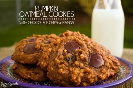 Pumpkin Oatmeal Cookies with Chocolate Chips & Raisins | JavaCupcake.com