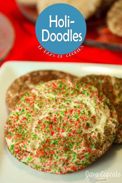 Holi-Doodles - A twist on the traditional snickerdoodle, these cookies are ready for the holidays in green & red sugar crystals! | JavaCupcake.com