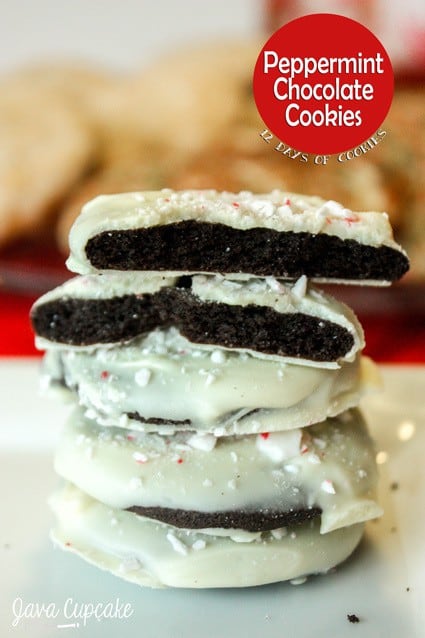Peppermint Chocolate Cookies - peppermint & chocolate cookie covered in white chocolate and sprinkled with crushed peppermint candies | JavaCupcake.com