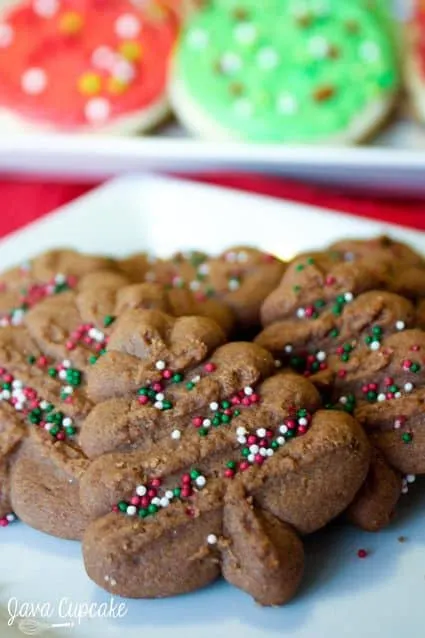Chocolate Holiday Spritz Cookies | JavaCupcake.com