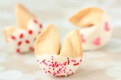 White Chocolate Dipped Valentine Fortune Cookies | JavaCupcake.com