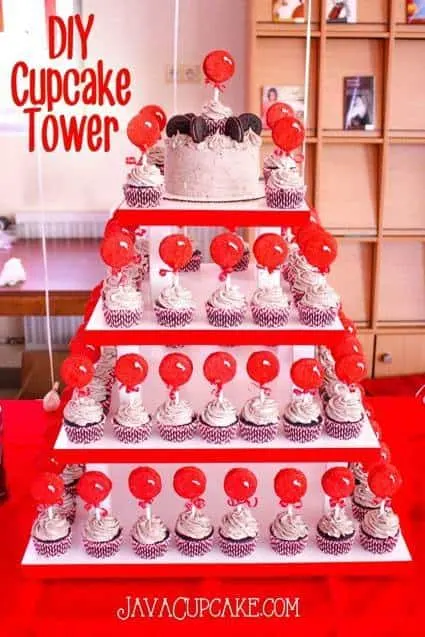 DIY Cupcake Tower - Step by step tutorial to build your own cupcake tower that holds up to 10 dozen cupcakes! | JavaCupcake.com