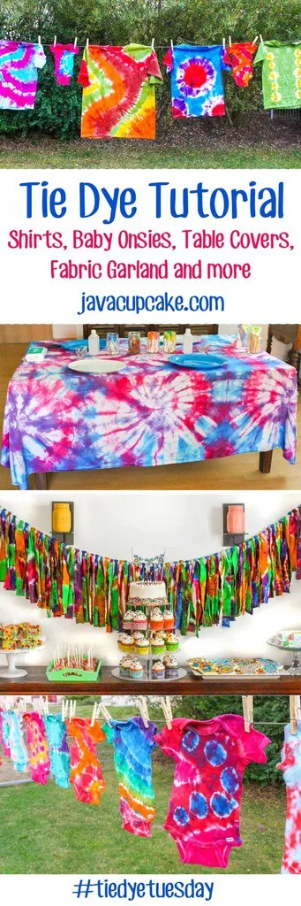 Tie Dye Tuesday: Learn how to Tie Dye! Shirts, baby onsies, table covers, fabric garland and more! | JavaCupcake.com