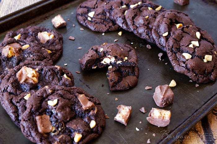 Chocolate Snickers Cookies by Barbara Bakes for JavaCupcake.com