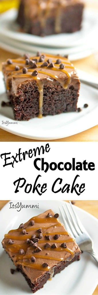 Extreme Chocolate Poke Cake - There are FOUR layers of chocolate in this chocolate lover's dessert, plus a drizzle of sweet caramel on top. Recipe from @itsyummi (guest post on Java Cupcake)