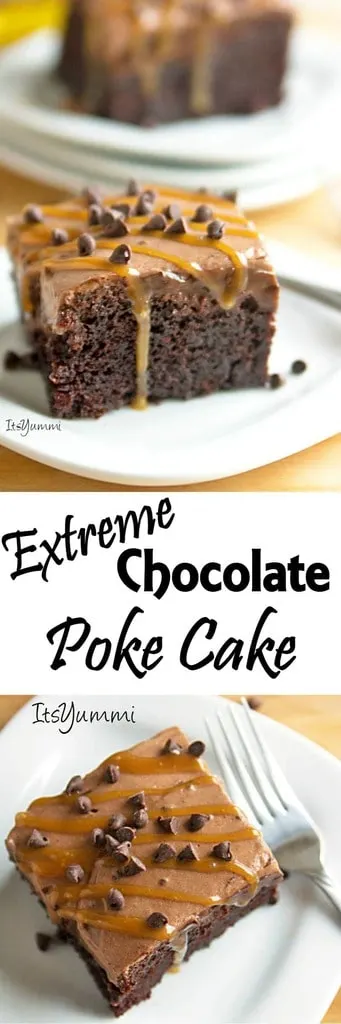 Extreme Chocolate Poke Cake - There are FOUR layers of chocolate in this chocolate lover's dessert, plus a drizzle of sweet caramel on top. Recipe from @itsyummi (guest post on Java Cupcake)