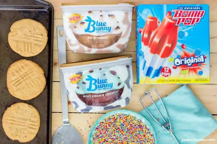 Peanut Butter Ice Cream Sandwiches | The JavaCupcake Blog https://javacupcake.com #SoHoppinGood #BlueBunny #BombPop 