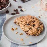peanut butter oatmeal cookie on a plate in a kitchen with a bowl of raisins