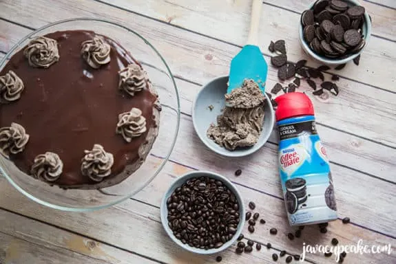 mocha cookies and cream cake with frosting in a bowl
