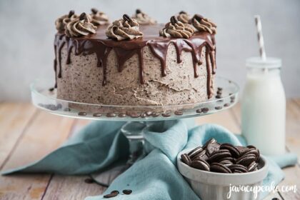chocolate cake on a cake stand in a kitchen
