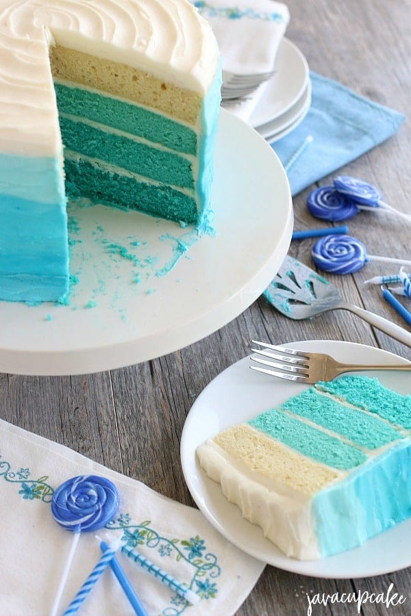 Ombre Blue Cake cut on white plate