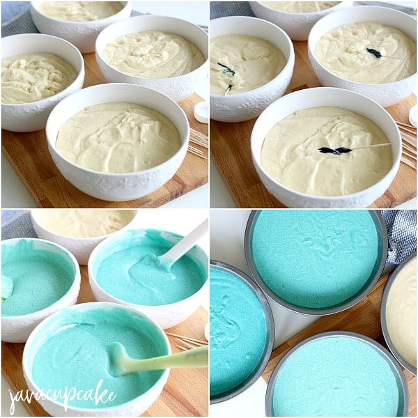 Shades of blue cake batter in bowls