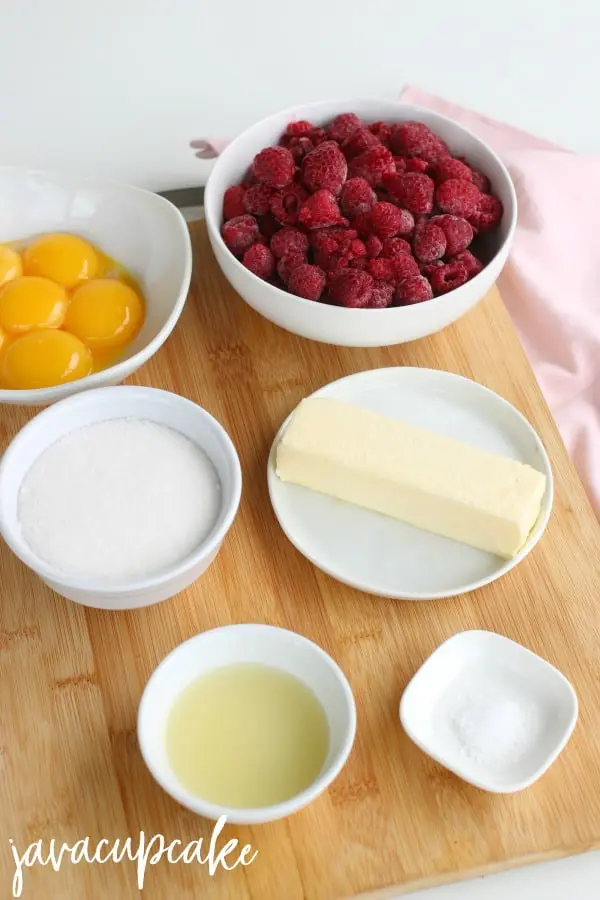 Ingredients for Raspberry Curd - egg yolks, raspberry, sugar, butter