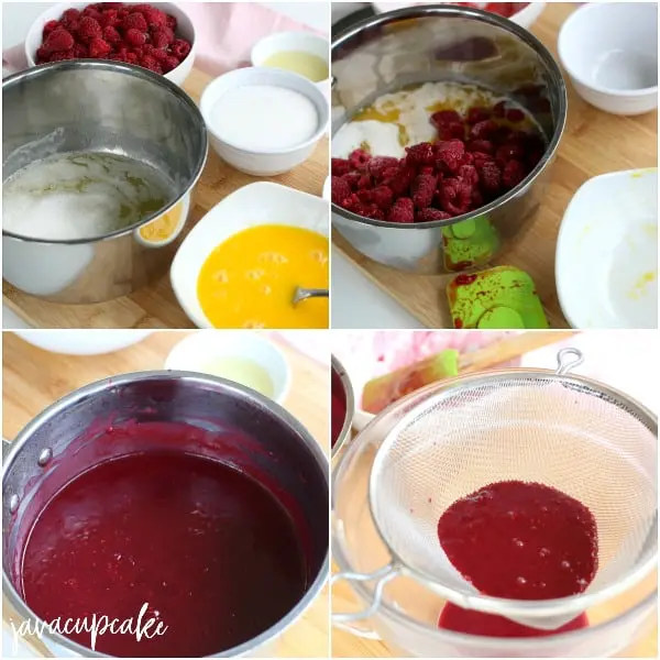 Mixing egg yolks, sugar, butter and straining raspberry curd