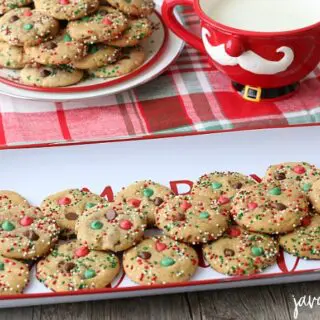 Holiday Chocolate Chip Cookies served in a festive Christmas display.