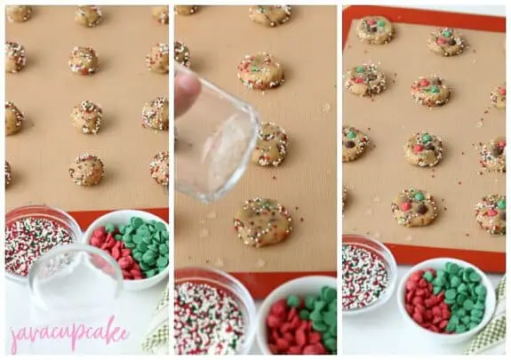 3 photo collage to show adding colored spinkles and Christmas color chocolate chips to make Christmas chocolate chip cookies.