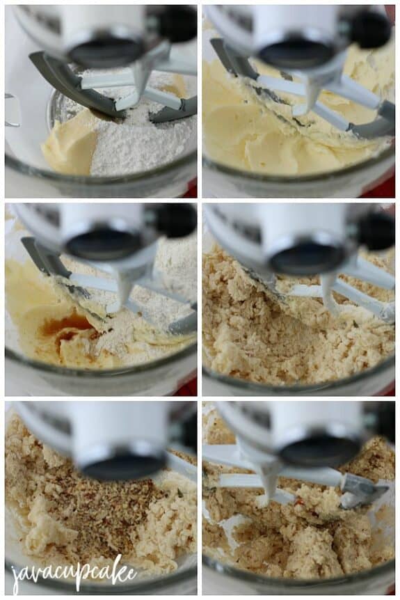 Photo collage showing the steps involved in making Russian tea cake cookies.