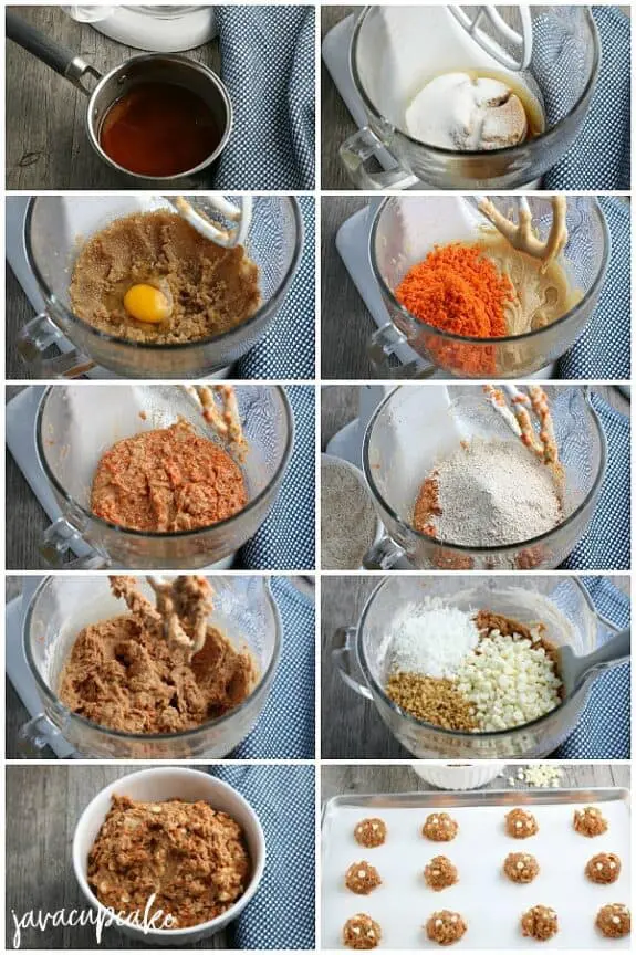 Photo collage with the steps to make carrot cake cookies.