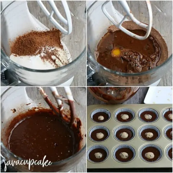 Steps to make chocolate chip cookie dough cupcakes.