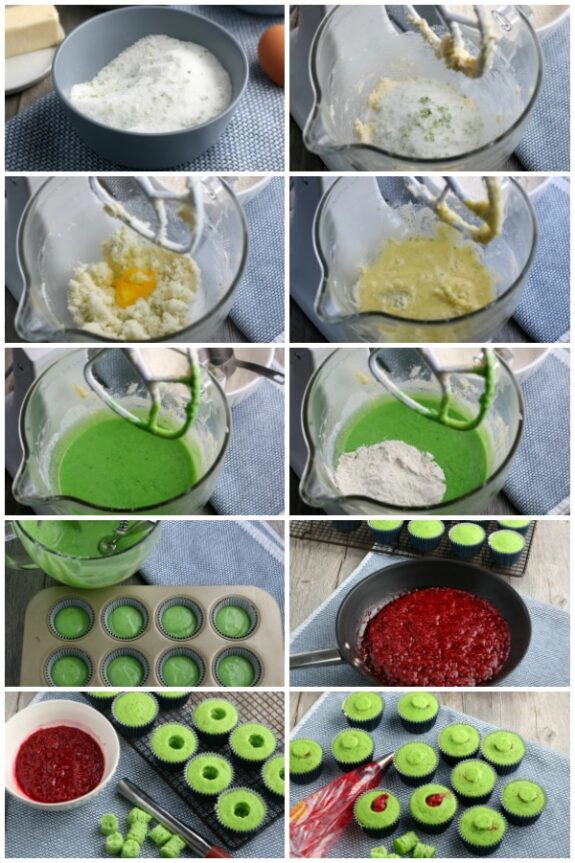 Collage of the steps to make cupcakes flavored with raspberry and lime.