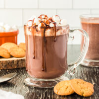 a glass mug full of hot chocolate topped with marshmallows and fudge