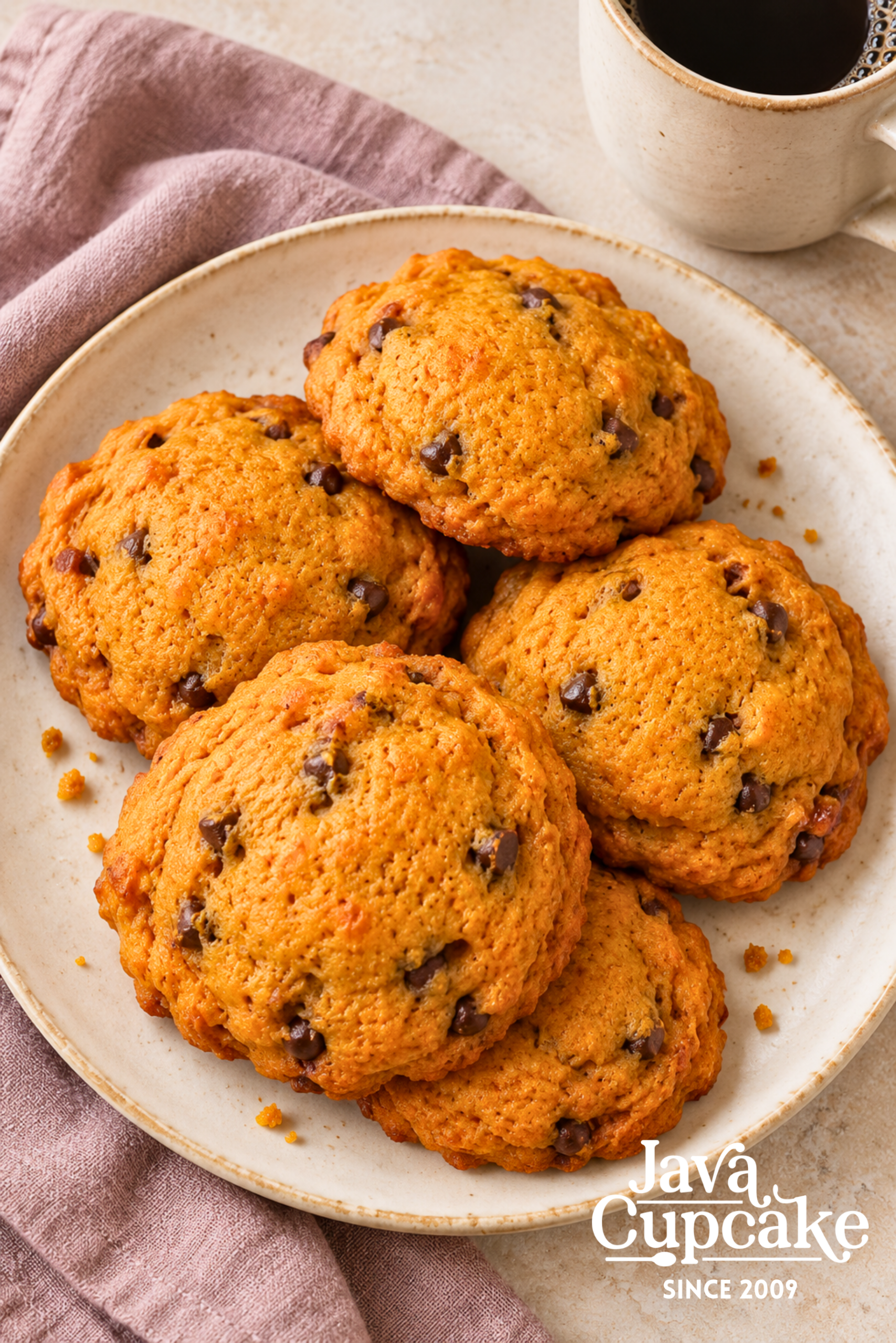 A plate of pumpkin chocolate chip cookies with a cup of coffee and mauve linen.